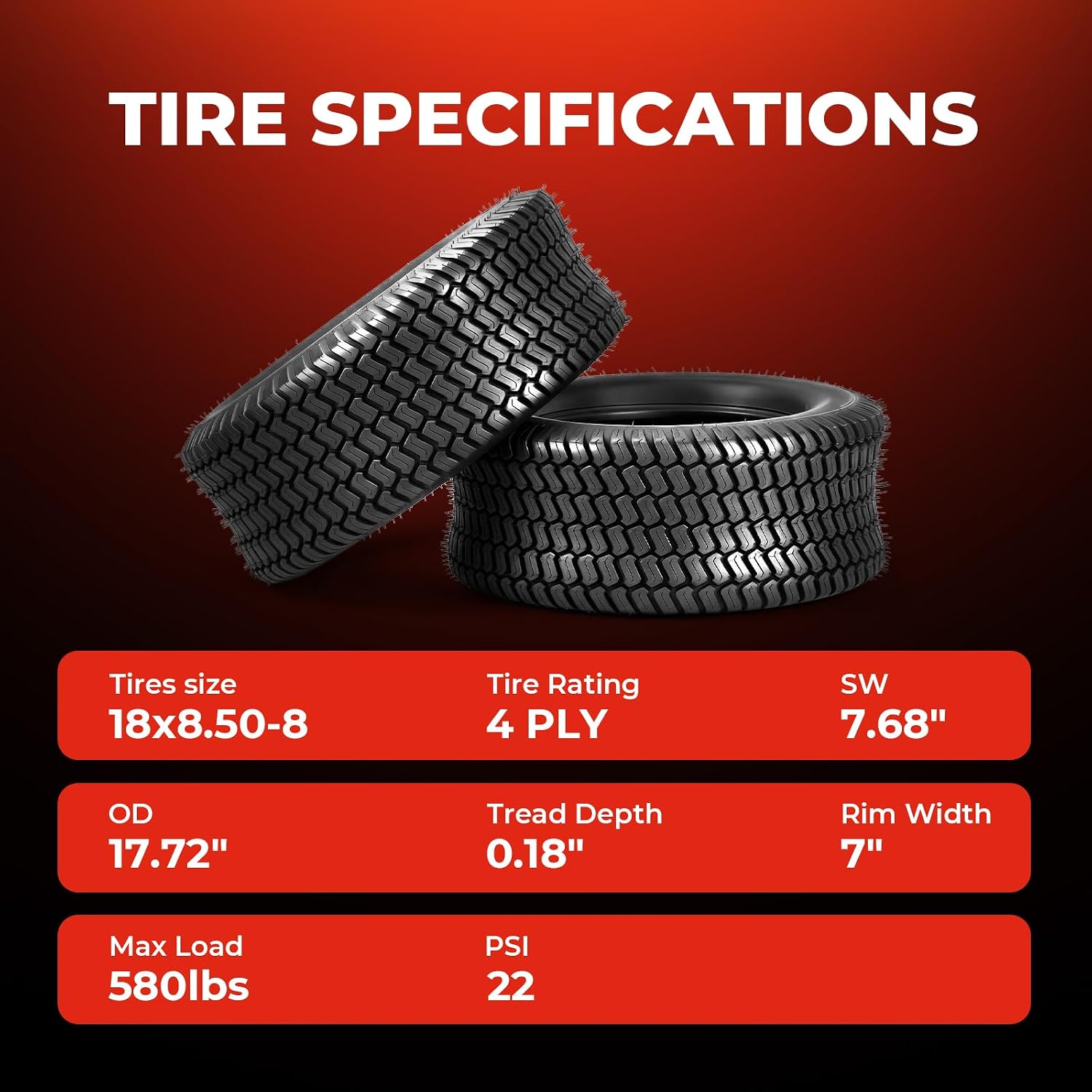 18x8.50-8 Lawn Mower Tires, 4 Ply Tubeless, Set of 2