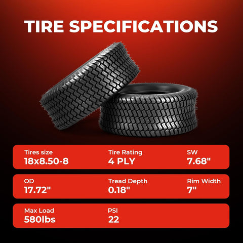18x8.50-8 Lawn Mower Tires, 4 Ply Tubeless, Set of 2
