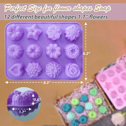 Soap Molds Silicone Flower Shapes 3 Packs for Chocolate Gelatina Lotion Bar Candy Ice Cube Jelly Bathbomb, Blossom Rose Baking Tray Molds Unique Heart Star Food Grade Non-stick Homemade DIY BPA free