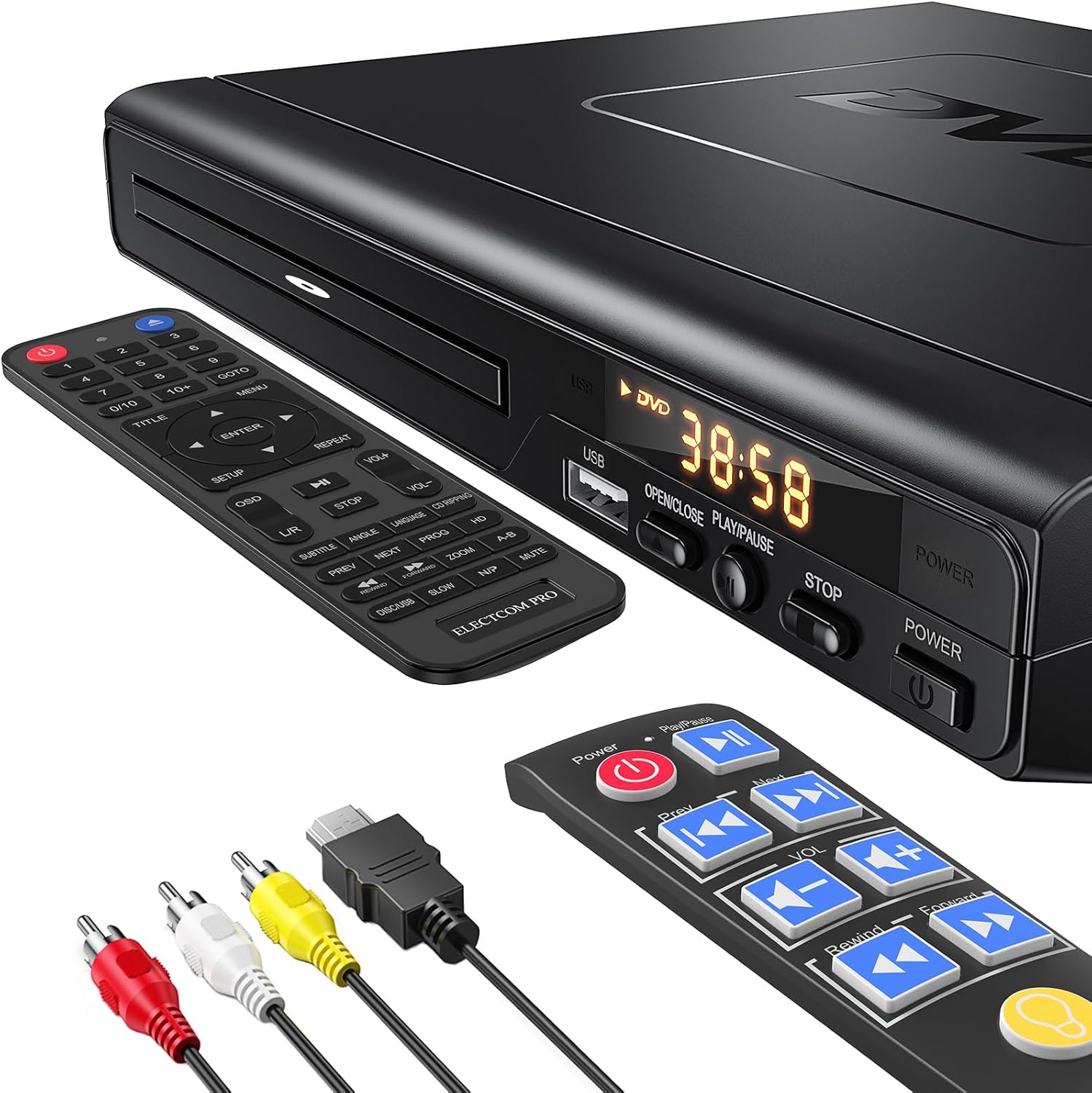 ELECTCOM PRO Region-Free DVD Player for TV, with Large Button Remote