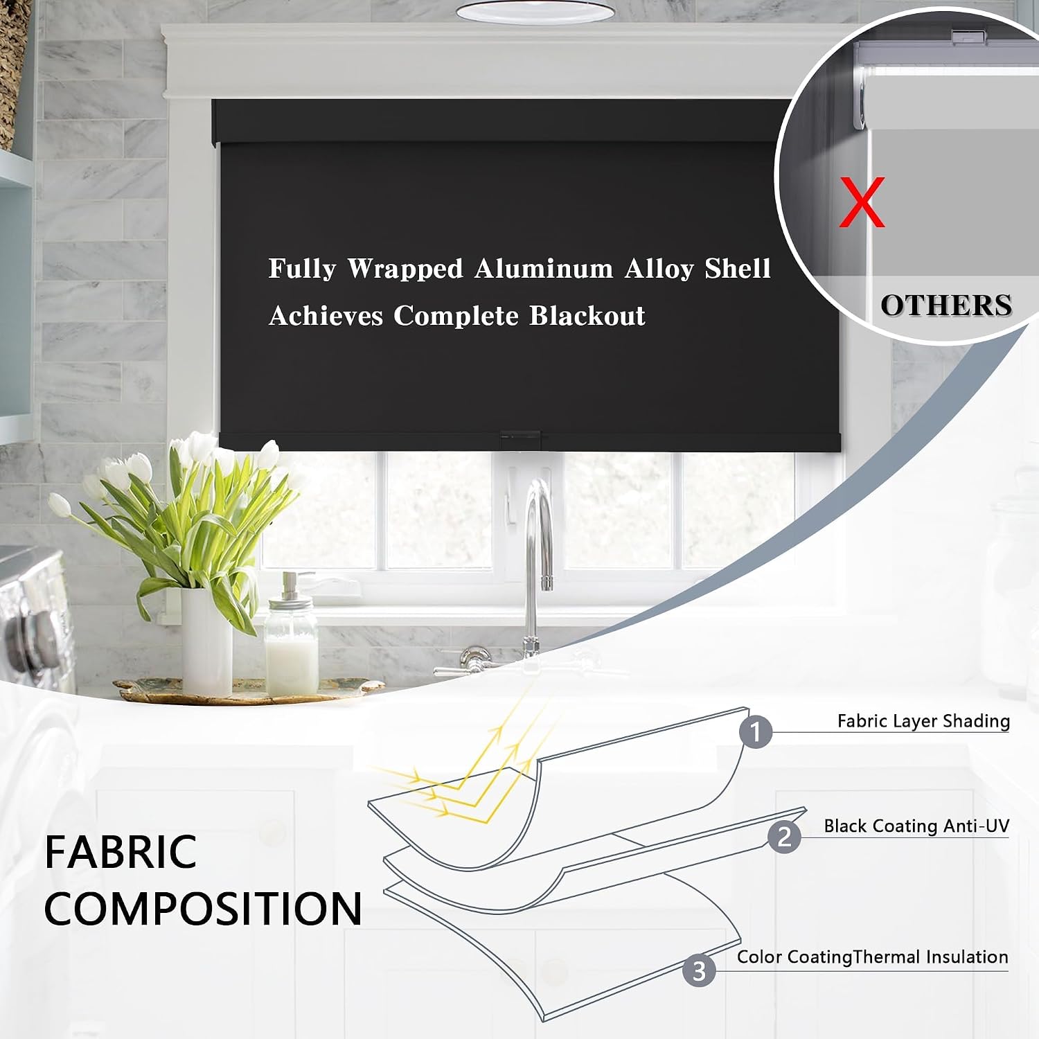 AOSKY Cordless Blackout Roller Shades, 71" W x 72" H, Black