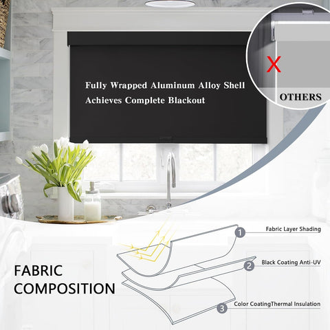 AOSKY Cordless Blackout Roller Shades, 71" W x 72" H, Black