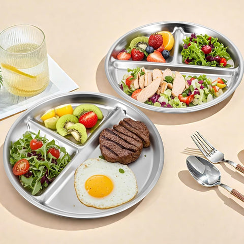 4pcs 304 Stainless Steel Kids Plates，9"Non-Toxic Circular Portion Control Plate，Suitable For Children To Use,Portion Plates For Weight Loss Adults，Reusable, Non-Toxic, Anti Drop, And Dishwasher Safe