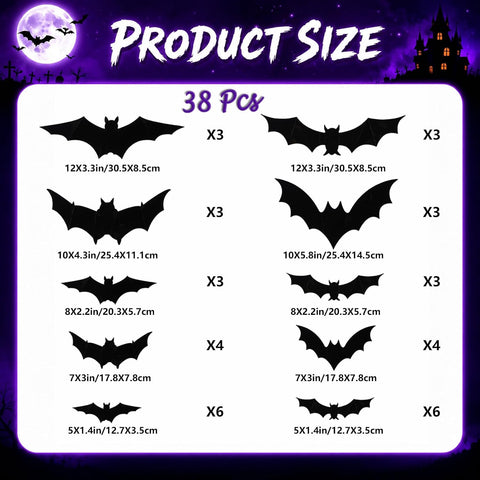 38 Pcs Halloween Decorations 3D Bats Wall Decor Indoor Outdoor Purple LED