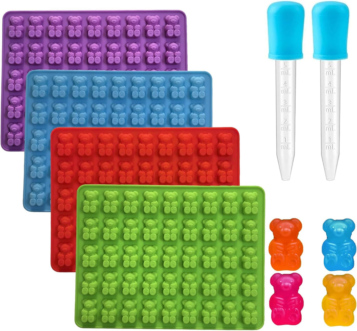 4Pcs Gummy Candy Molds - Silicone Gummy Bear Molds with 2Pcs Dropper,Non-stick and Bpa Free for Candy Chocolate Gummies Baking