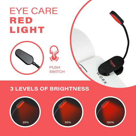 hooga Red Book Light, Rechargeable Clip On 625nm LED Light for Reading in Bed. No Blue Light Emitted, Eye Care Light for Strain-Free, Healthy Eyes. Gift for Students, Kids, Travel, Nursing, Studying.