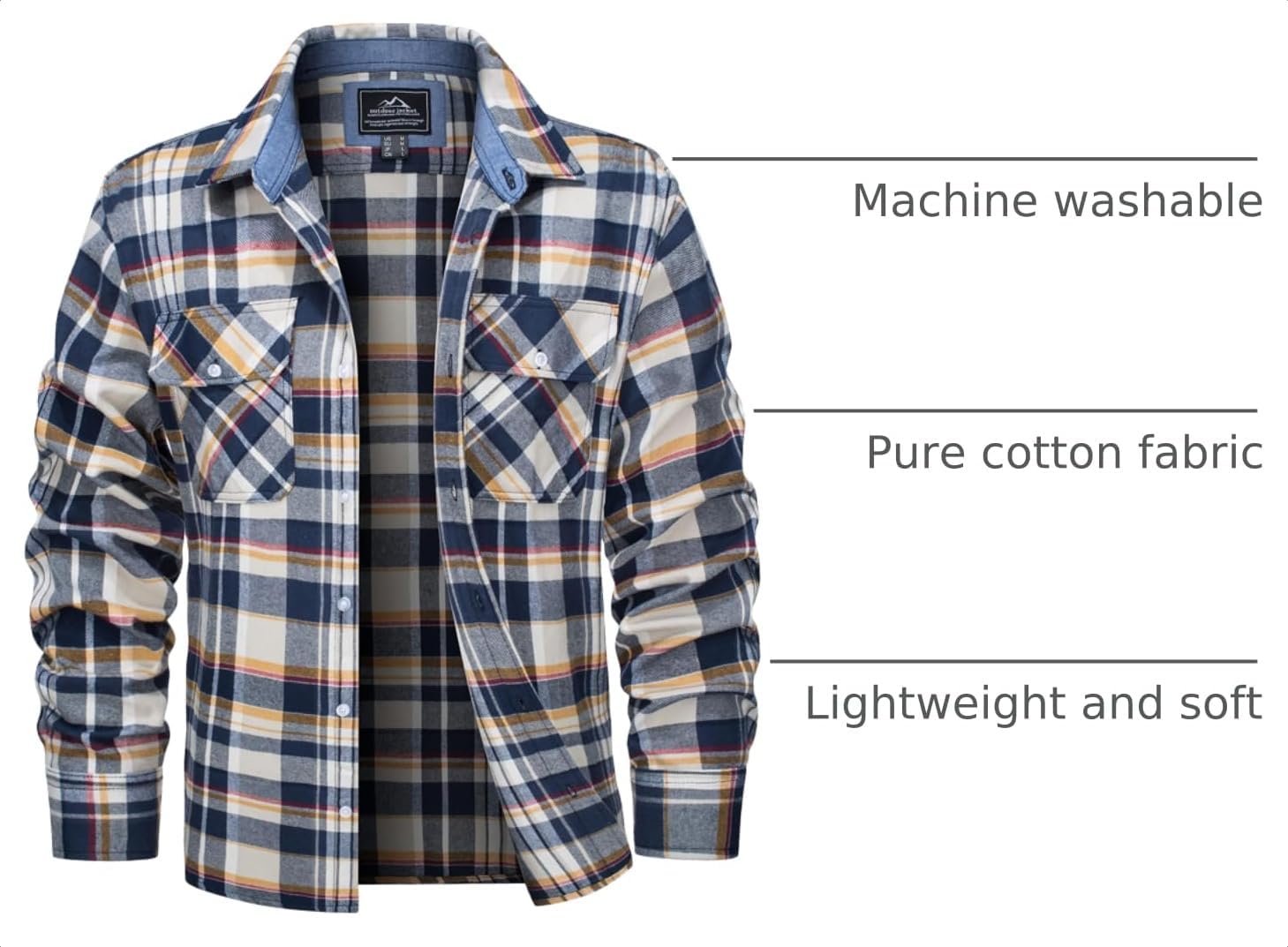 MAGCOMSEN Mens Flannel Shirts Long Sleeve Cotton Plaid Button Down Shirt