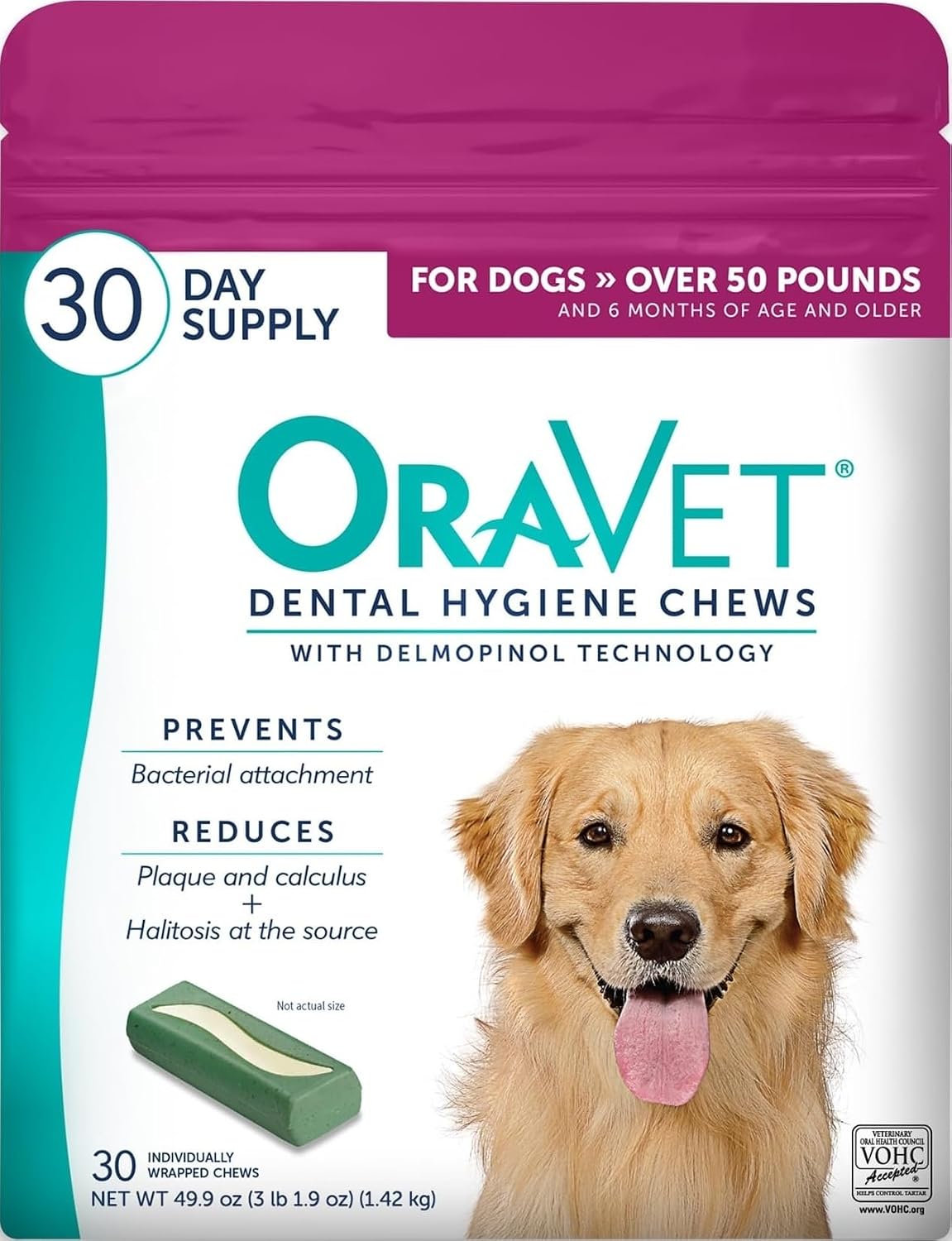 ORAVET Dental Chews for Dogs, Oral Care and Hygiene Chews (Large Dogs, Over 50 lbs.) Pink Pouch, 30 Count (Pack of 1)
