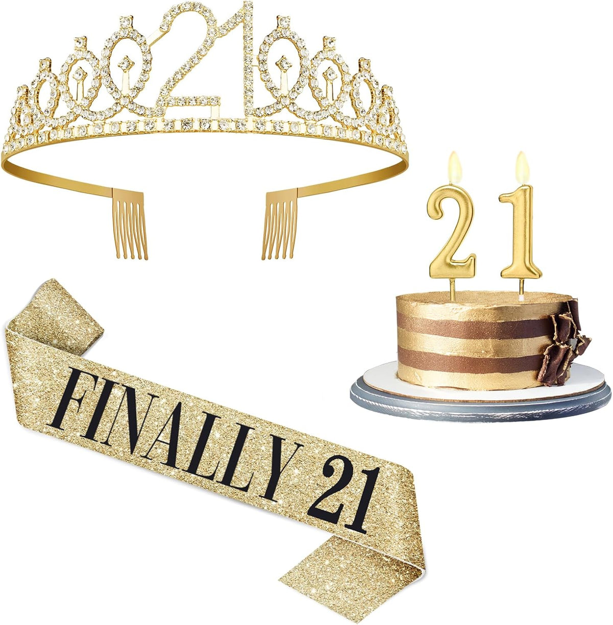 21st Birthday Decorations for Her Gold Tiara Sash Candle
