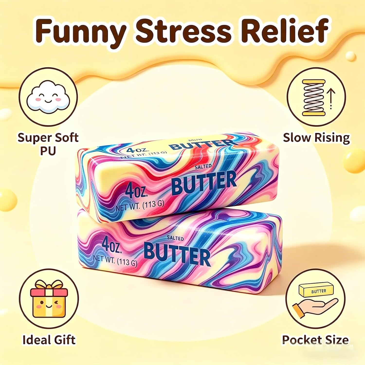 2 Packs Slow Rising Butter Squishy, Squishies Butter Squeeze Toys Pack Sensory Stress Relief Soft & Stretchy Fidget Toy for Party Favors Squishy Butter