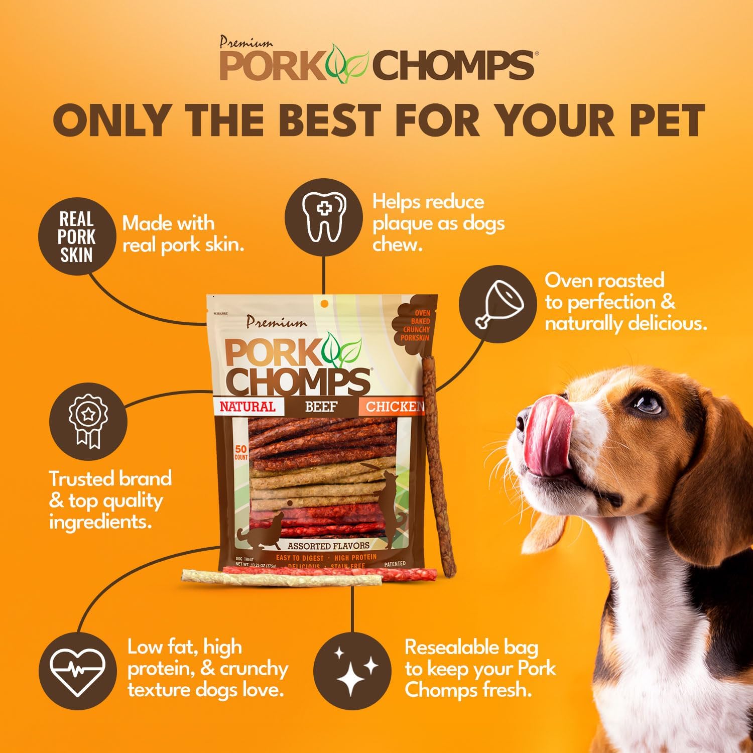 Pork Chomps Dog Chews, 5 in Munchy Sticks, Assorted Flavors, 50 Count