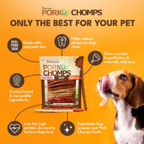 Pork Chomps Dog Chews, 5 in Munchy Sticks, Assorted Flavors, 50 Count