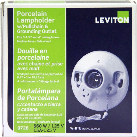 Leviton One-Piece Glazed Porcelain Outlet Box Mount, Incandescent Lampholder, Pull Chain, Top Wired, 9726-C, White