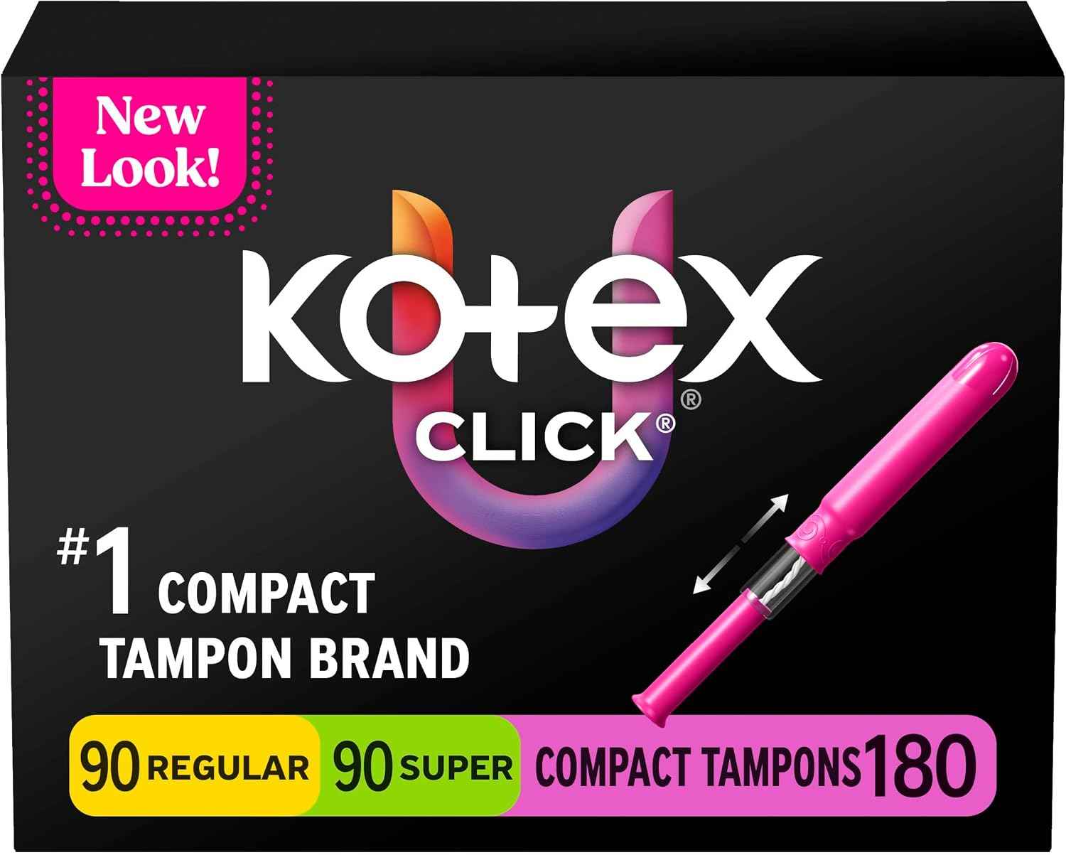 U by Kotex Click Compact Tampons, Regular/Super, 180 Count, 6 Packs of 30
