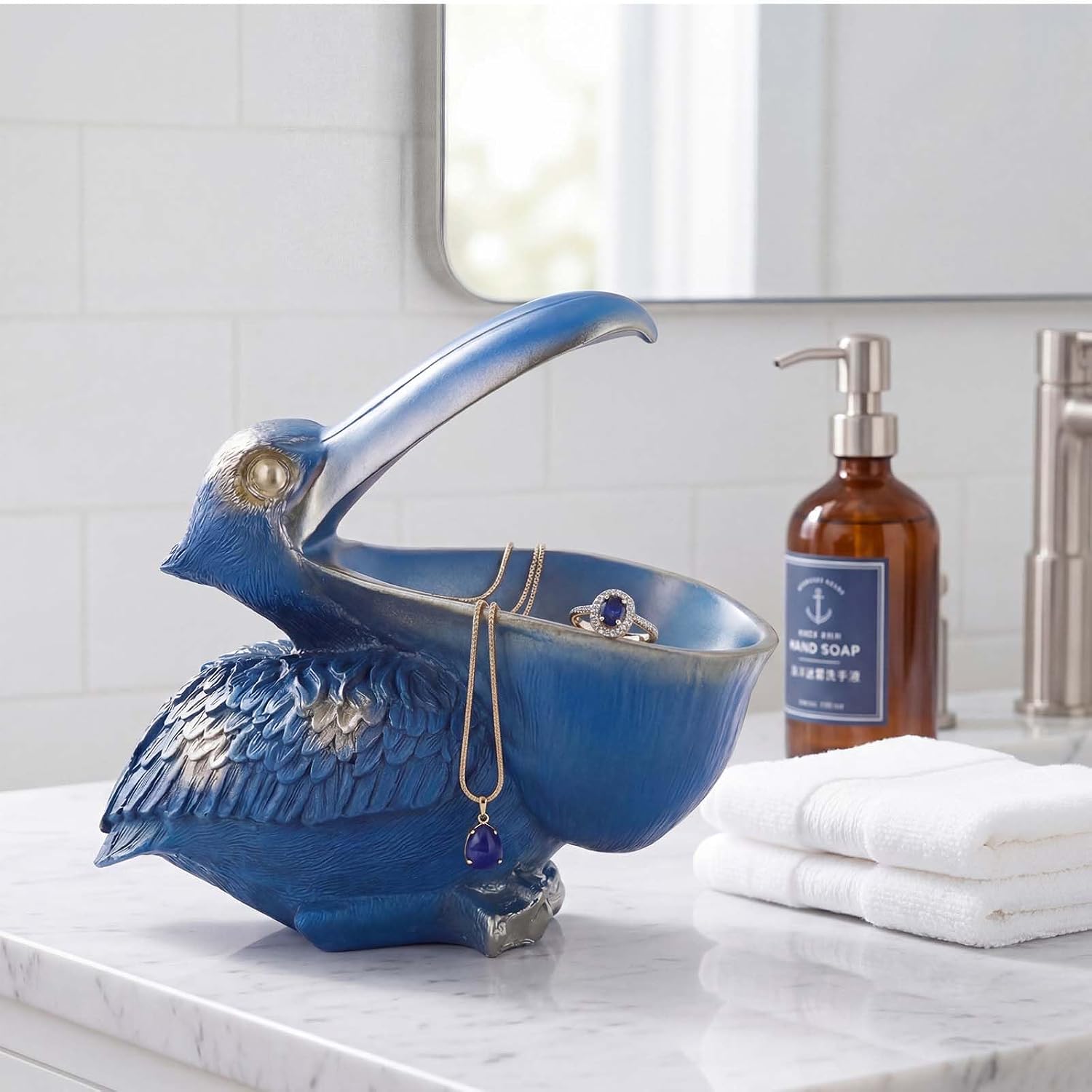 Pelican Key Holder Statues,Fun Animal Hippo Candy Dish,Candy Dish for Office Desk Unique,Modern Key Holder for Pelican Figurine,Suitability Desk bowl and Entry Table Decor Items (Blue)