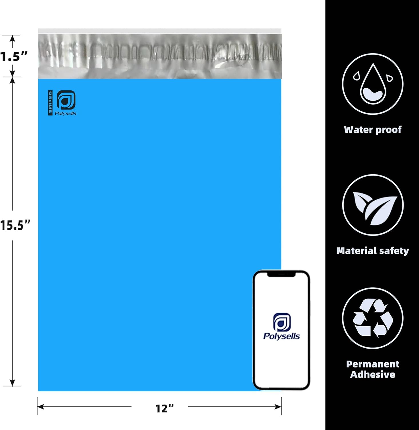 POLYSELLS 200 pcs 12x15.5 Inches Blue Poly Mailers Shipping Envelopes, Strong Adhesive Sealing, Waterproof, and Tear-resistant Postal Mailing Bags for Small Business, Clothes, Non-Fragile Items