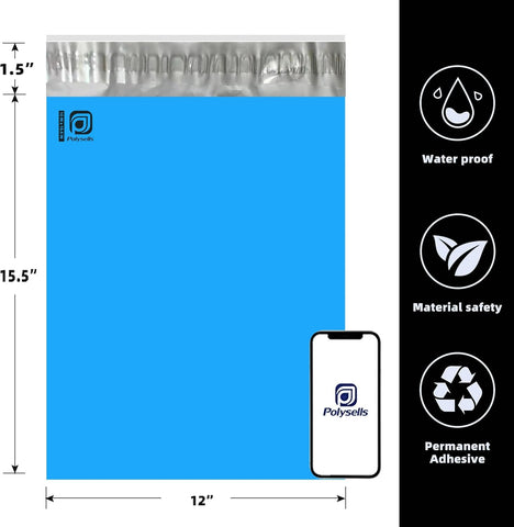 POLYSELLS 200 pcs 12x15.5 Inches Blue Poly Mailers Shipping Envelopes, Strong Adhesive Sealing, Waterproof, and Tear-resistant Postal Mailing Bags for Small Business, Clothes, Non-Fragile Items