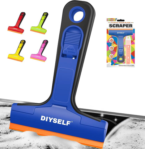 DIYSELF Window Scraper with 5 Pcs 4-Inch Plastic Razor Blades for Windows