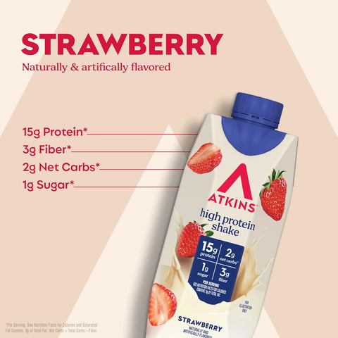 Atkins Strawberry Flavored High Protein Shake, 12 Count