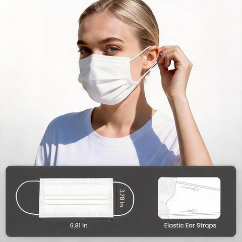 Disposable Face Masks 100 Pack, 3-Ply Breathable Masks with Soft Comfortable Earloops, Adjustable Nose Clip for Office, Travel, School & Public Use, White