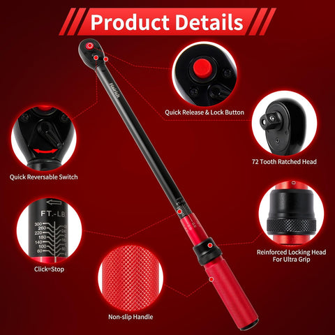 Hairich Torque Wrenches, 1/2 Torque Wrench, 40-300ft.lb/33.9-406.8Nm