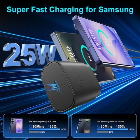 Super Fast Charger Type C, 25W USB C Wall Charger Fast Charging for Samsung Galaxy S26 Ultra/S26/S26+/S25 Ultra/S25/24 Ultra/S24/S23 Ultra/S22 Ultra with 12FT Long Android Type C Charger Cable 2Pack