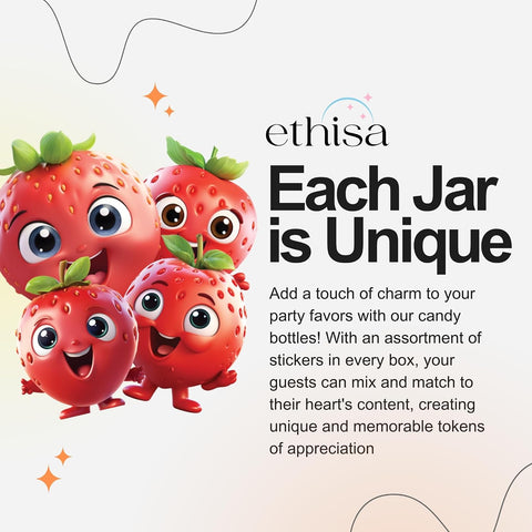 Ethisa 12 Pack Strawberry Party Favors - DIY Candy Jars with Ribbons and Sticker - Party Decoration Bottles for Berry First Birthday and Baby Shower - Table Centerpiece Gifts