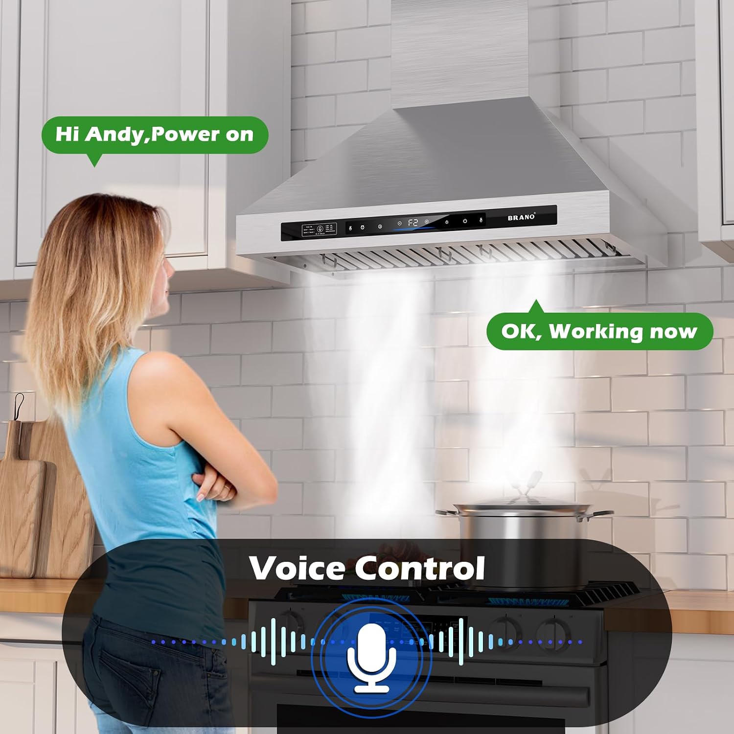 BRANO 30-Inch Wall Mount Range Hood, 900 CFM, Voice and Gesture Control