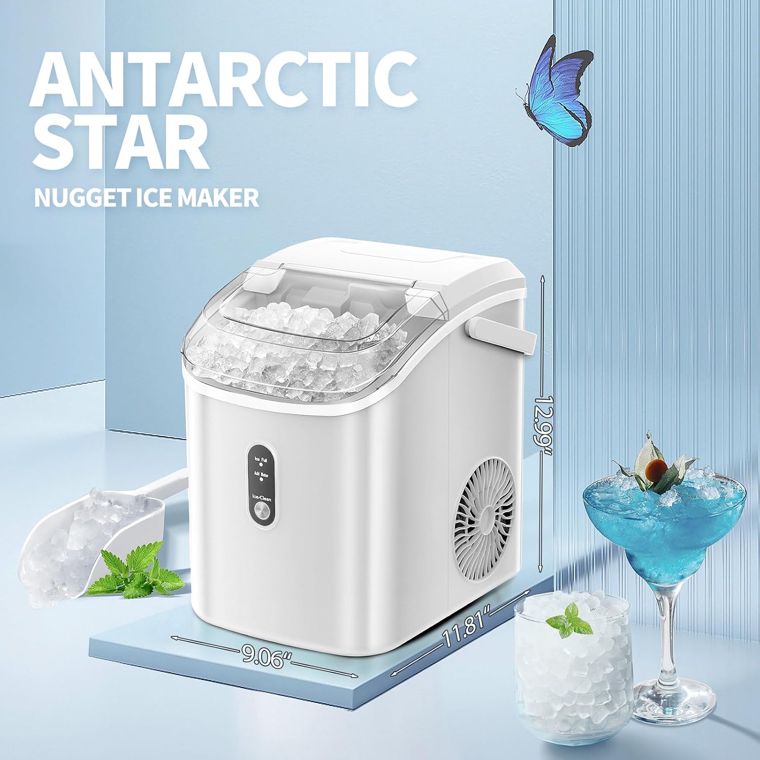 Nugget Countertop Ice Maker with Soft Chewable Pellet Ice, Automatic 34lbs in 24 Hours,Pebble Portable Ice Machine with Ice Scoop, Self-Cleaning, One-Click Operation, for Kitchen,Office White