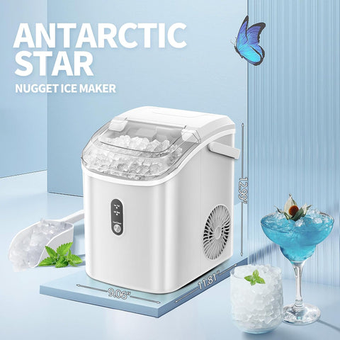 Nugget Countertop Ice Maker with Soft Chewable Pellet Ice, Automatic 34lbs in 24 Hours,Pebble Portable Ice Machine with Ice Scoop, Self-Cleaning, One-Click Operation, for Kitchen,Office White