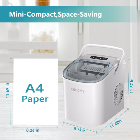 EUHOMY Countertop Ice Maker Machine with Handle, 26lbs Per Day, 9 Ice Cubes Ready in 6 Mins, Auto-Cleaning Portable Ice Maker with Basket and Scoop, for Home/Kitchen/Camping/RV (White)