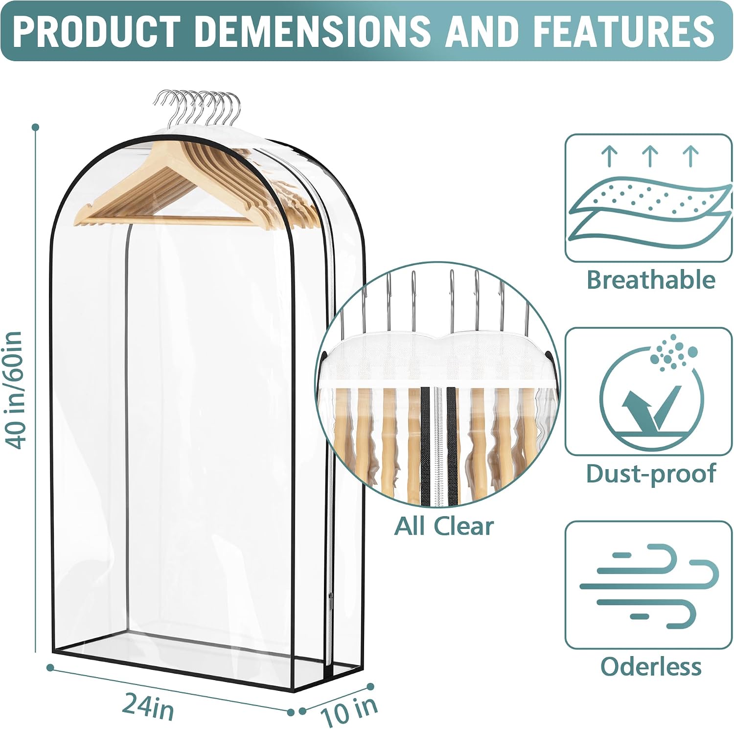Liuoud Clear Garment Bags for Hanging Clothes 10” Gusseted, 6 Pack, 40”&60”