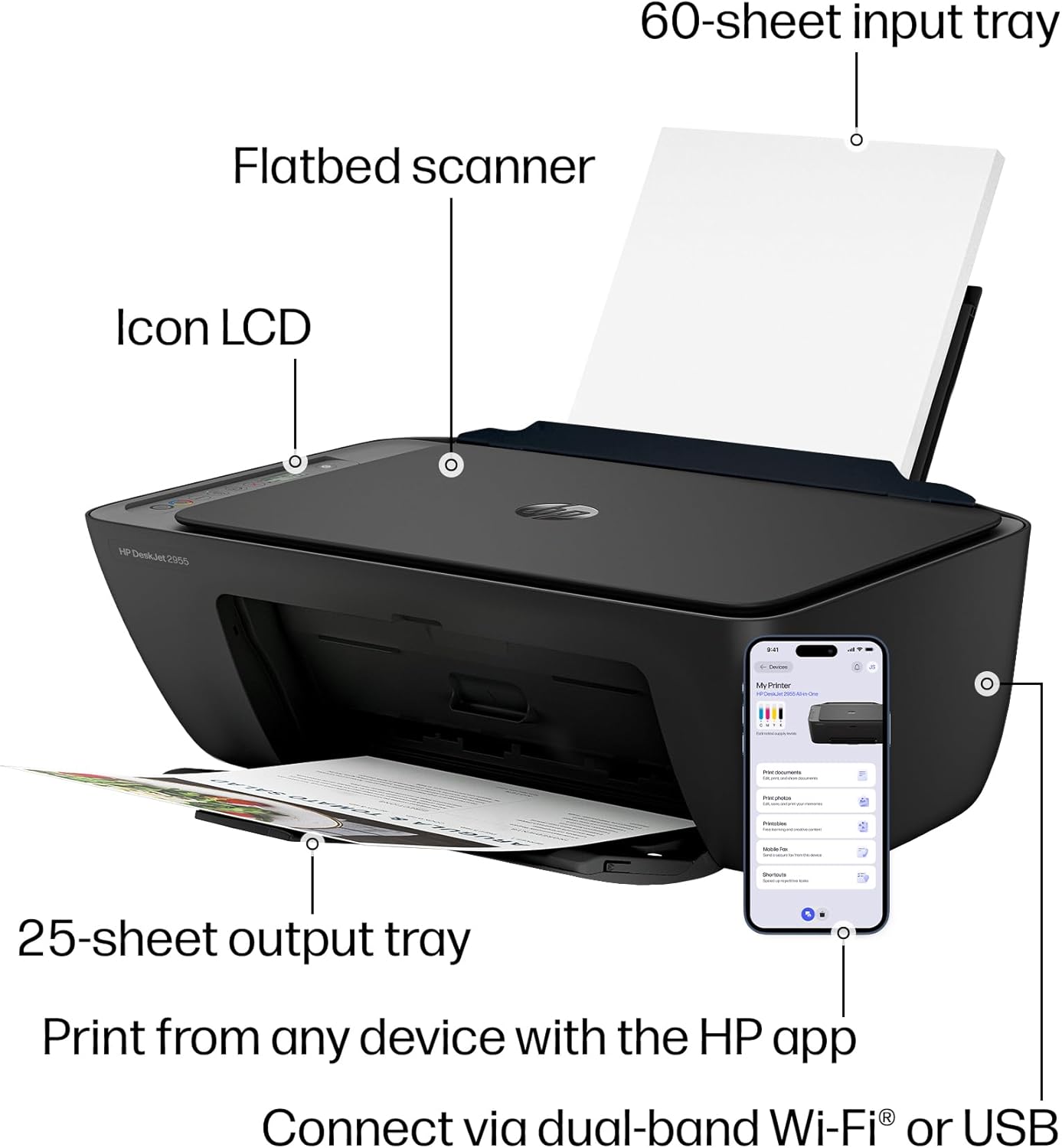 HP DeskJet 2955 Wireless All-in-One Color Inkjet Printer, Scanner, Copier, Best-for-Home, 3 Month Trial of Instant Ink Included, AI-Capable (A24HJA)