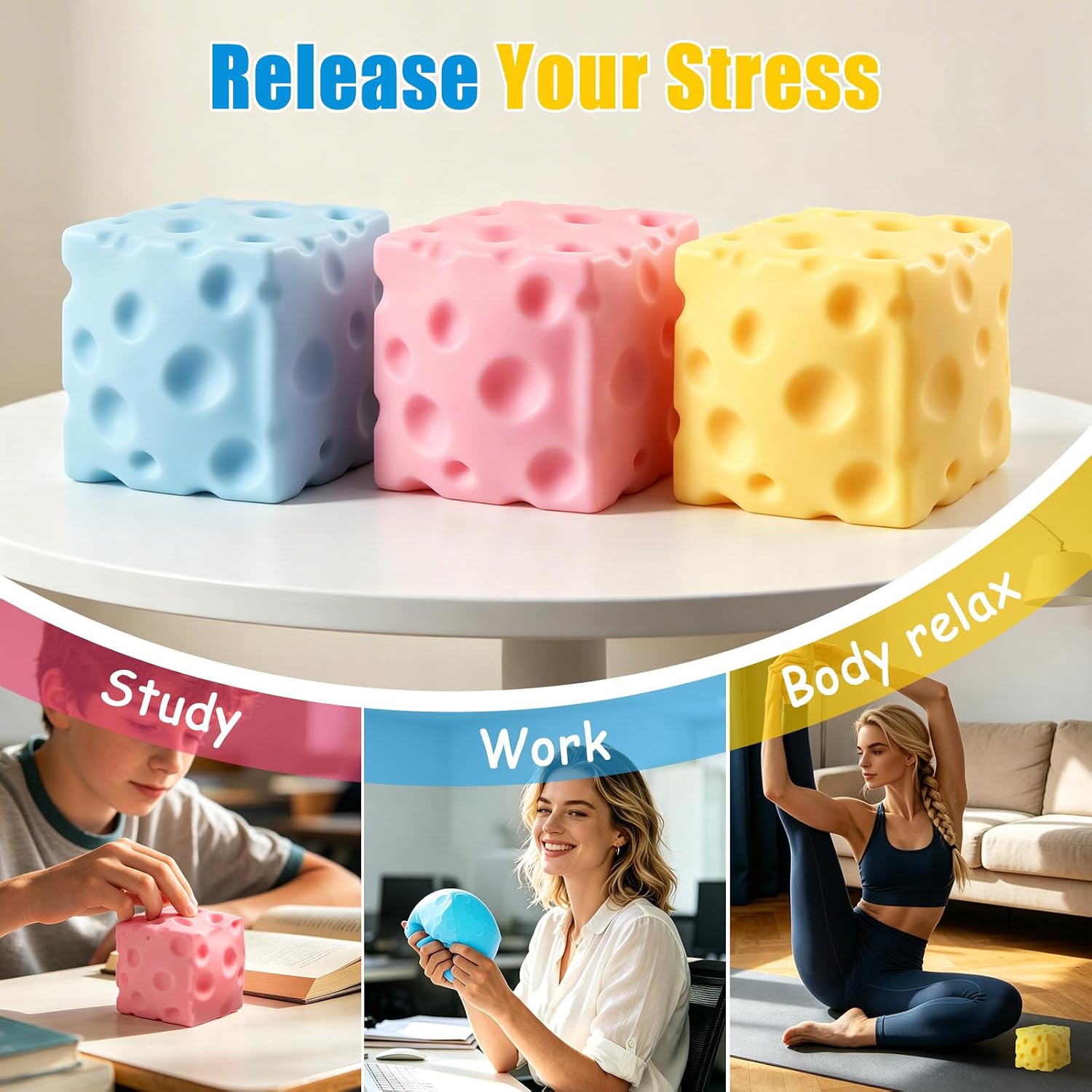 Cheese Squishy Cube, Cheese Block Squeeze Toy, Stress Ball Fidget Sensory Squeezy Toys, Novelty Stress Relief Gifts for Adults (Pink, 2.4 in)