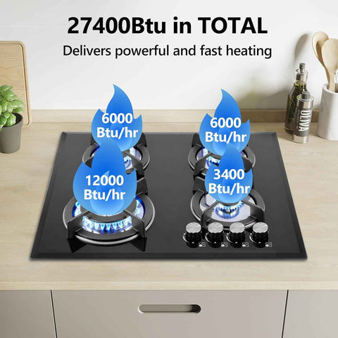 4 Burner Gas Stove Cooktop - 24in Glass Top Built-in Gas Burner Hob, NG/LPG Compatible