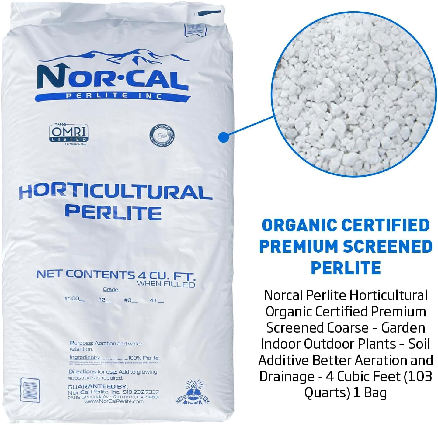 Norcal Perlite Horticultural Organic Certified Premium Screened Coarse Garden Indoor Outdoor Plants Soil and Drainage 4 Cubic Feet (103 Quarts) 1 Bag NEW