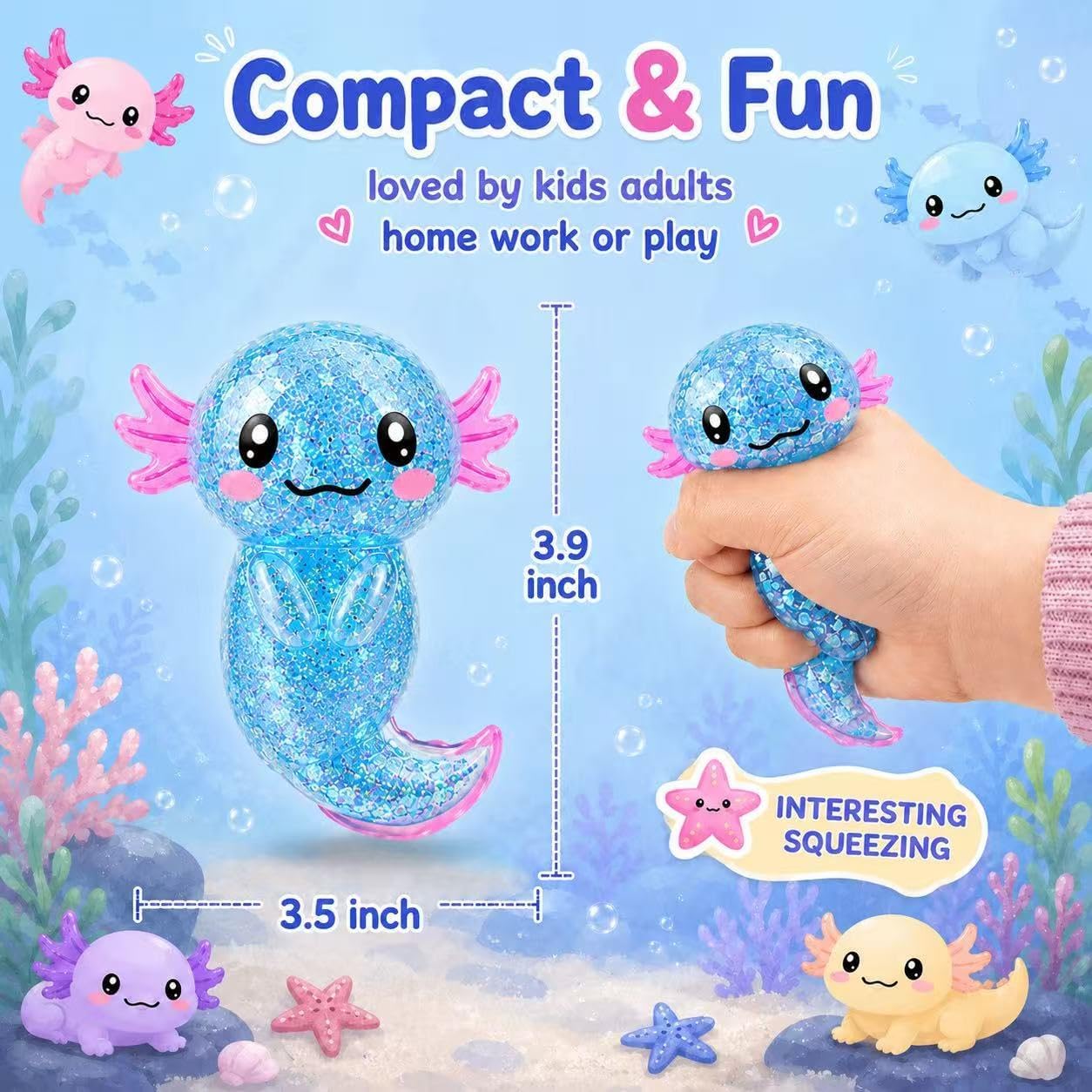 Axolotl Squishy Toy,Glitter Stress Relief Axolotl Toy,Cute Malt Sugar Filled Sensory Fidget Toy for Kids Adults,Axolotl Birthday Party Favors Gifts