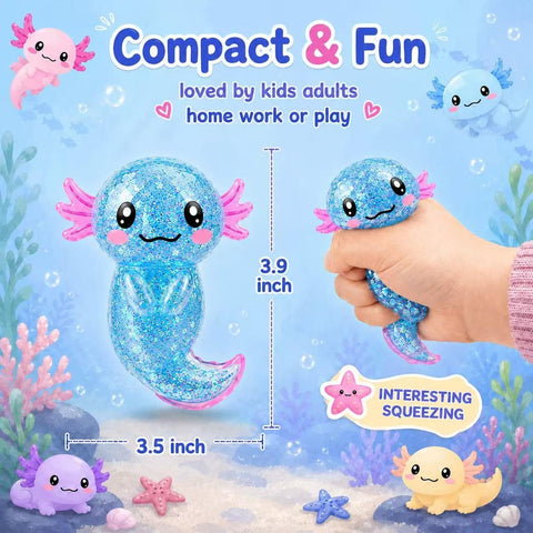 Axolotl Squishy Toy,Glitter Stress Relief Axolotl Toy,Cute Malt Sugar Filled Sensory Fidget Toy for Kids Adults,Axolotl Birthday Party Favors Gifts