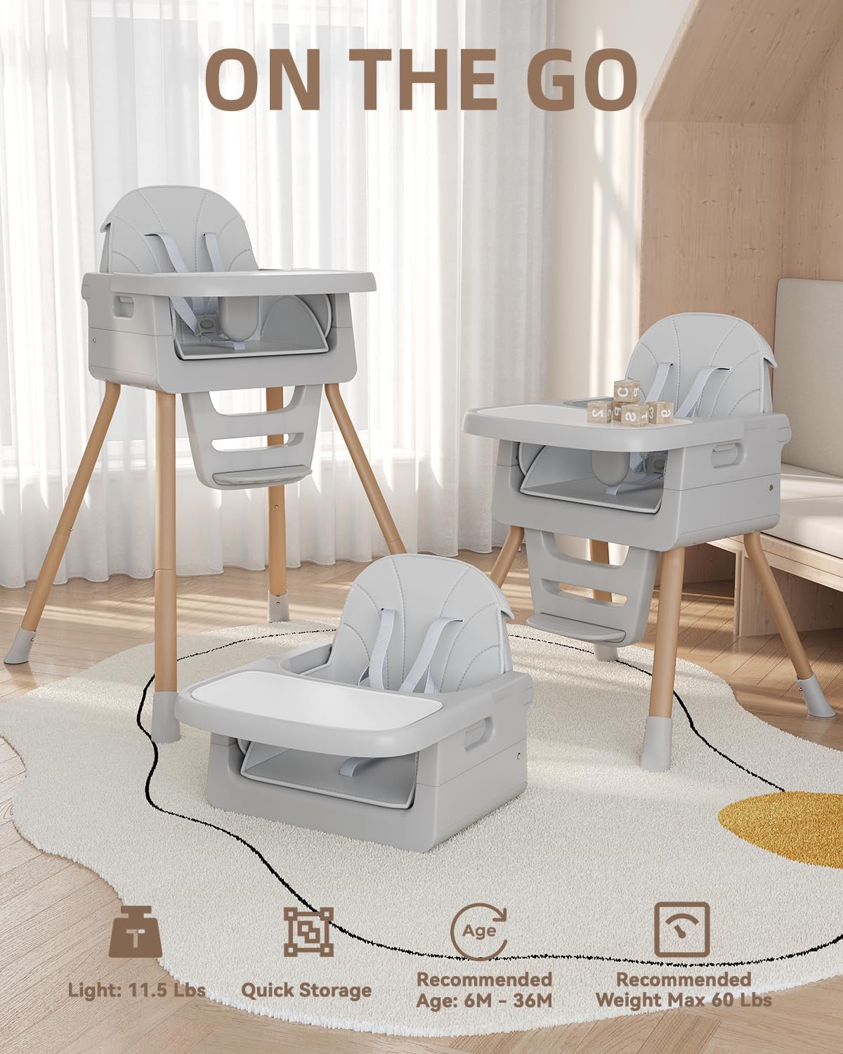 Baby High Chair for 6 Months+, Foldable High Chairs for Babies and Toddlers, Convertible High Chair, Adjustable Tray & Footrest, Portable High Chair & Easy to Clean(Grey with Wood Grain)