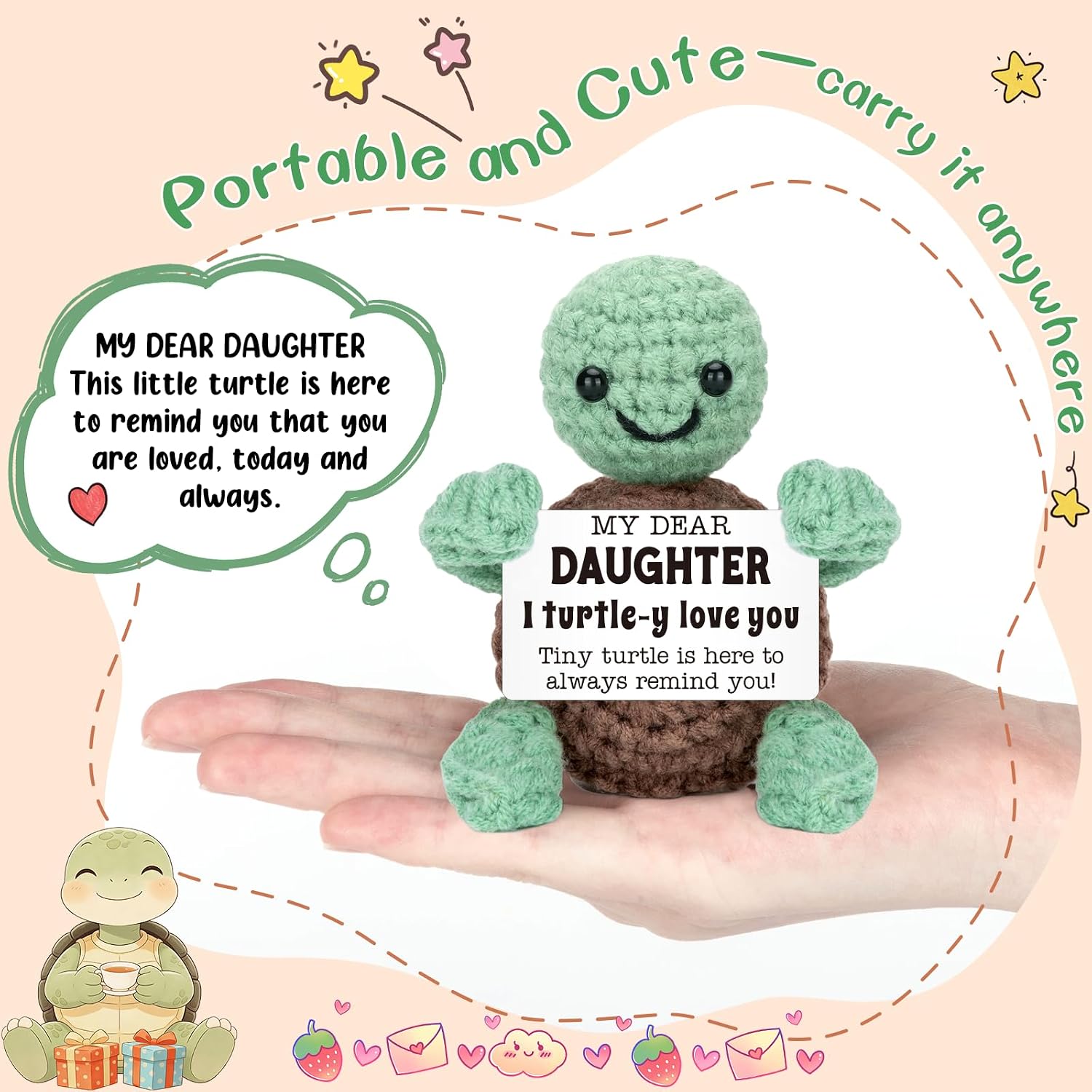 Mini Funny Turtle Daughter Gifts from Mom Dad, Birthday Gifts for Kids Teens Adults Daughter in Law Bonus Step, I Love You Small Cute Stuff Things, Handmade Emotional Positive Crochet Turtle