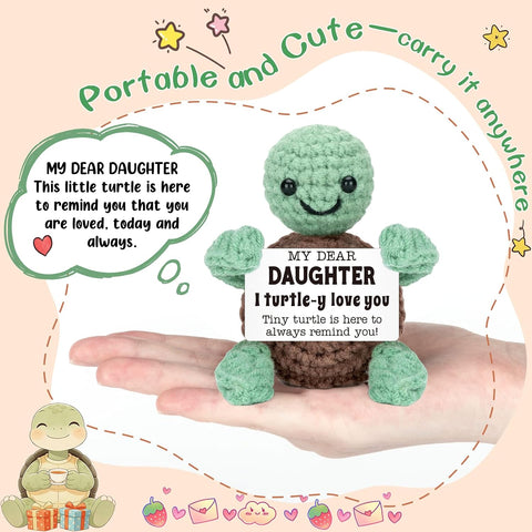 Mini Funny Turtle Daughter Gifts from Mom Dad, Birthday Gifts for Kids Teens Adults Daughter in Law Bonus Step, I Love You Small Cute Stuff Things, Handmade Emotional Positive Crochet Turtle