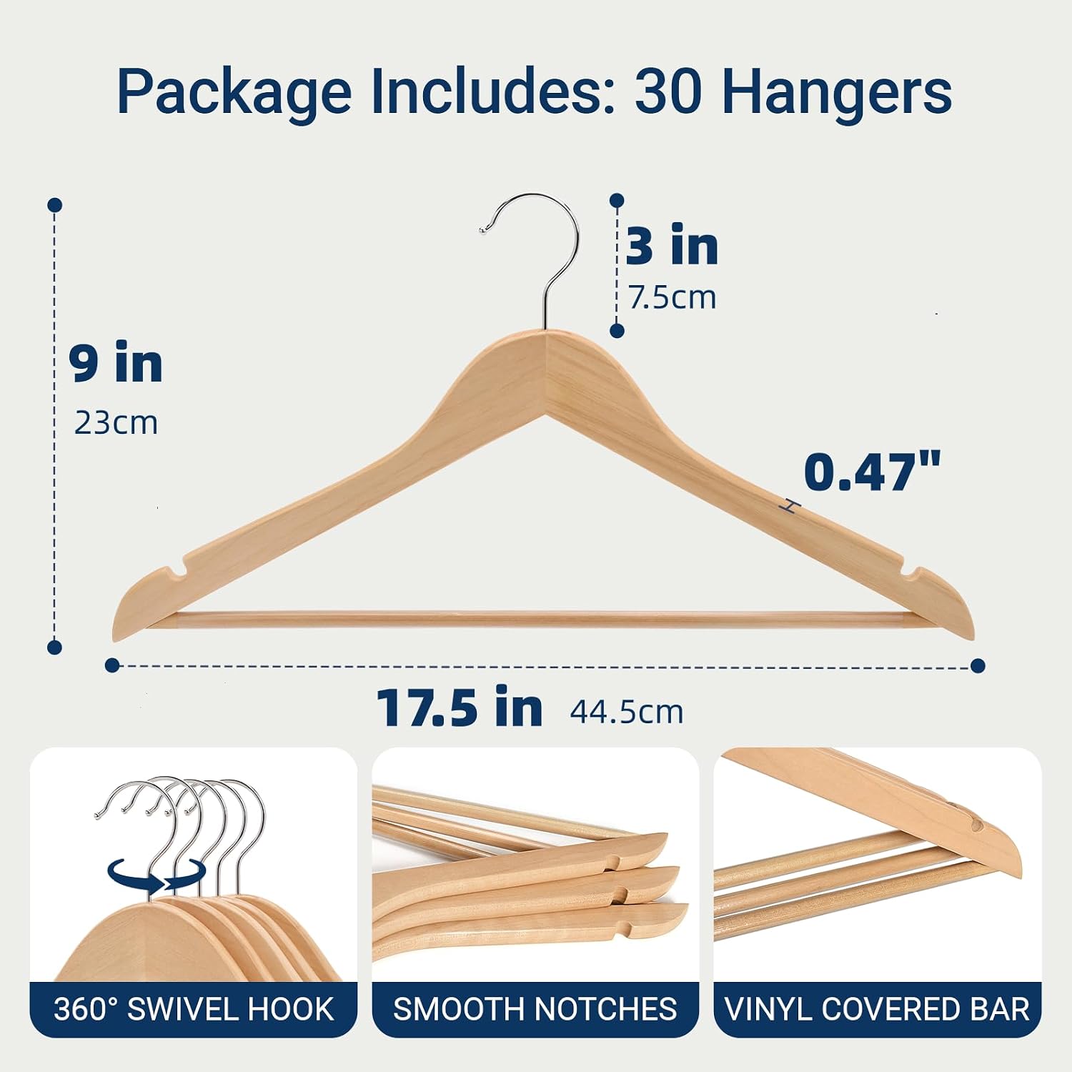Amber Home 30 Pack Natural Wooden Coat Hangers, Wood Suit Hangers
