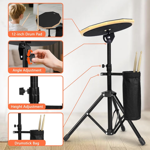 12 Inch Practice Drum Pad with Stand and Sticks, Beginner Snare Drum Pad with Drumsticks and Carrying Bag, Double Sided Silent Drum Pad (Black)
