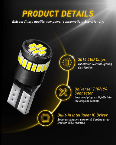 AUXITO 194 LED Bulbs for License Plate Light 168 175 2825 W5W T10 24-SMD 3014 Chipsets 6000K White for Car Dome Door Map Dash Courtesy Cargo License Plate Lights, Pack of 2