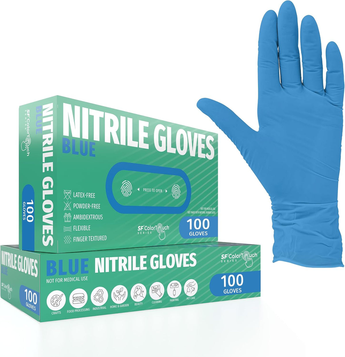 SF ColorTouch Blue Nitrile Gloves – 100 Disposable Latex Free Gloves, Powder Free Textured Grip for Food & Cleaning, 3.5 Mil