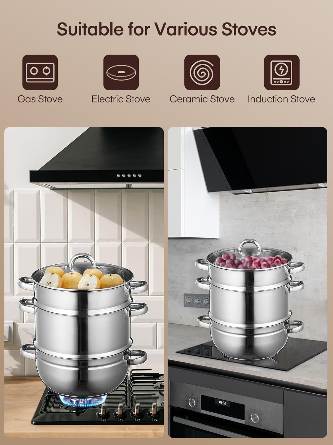 FOHERE 11Qt Steam Juicer Extractor Stainless Steel, Juice Steamer Pot for Fruit & Vegetables with Glass Lid, Hose, Clamp, Loop Handles, Ideal for Making Fresh Juice, Jelly, and Sauces