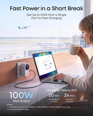 Anker Universal Charger, 100W GaN USB C Travel Fast Charging, No AC Outlet