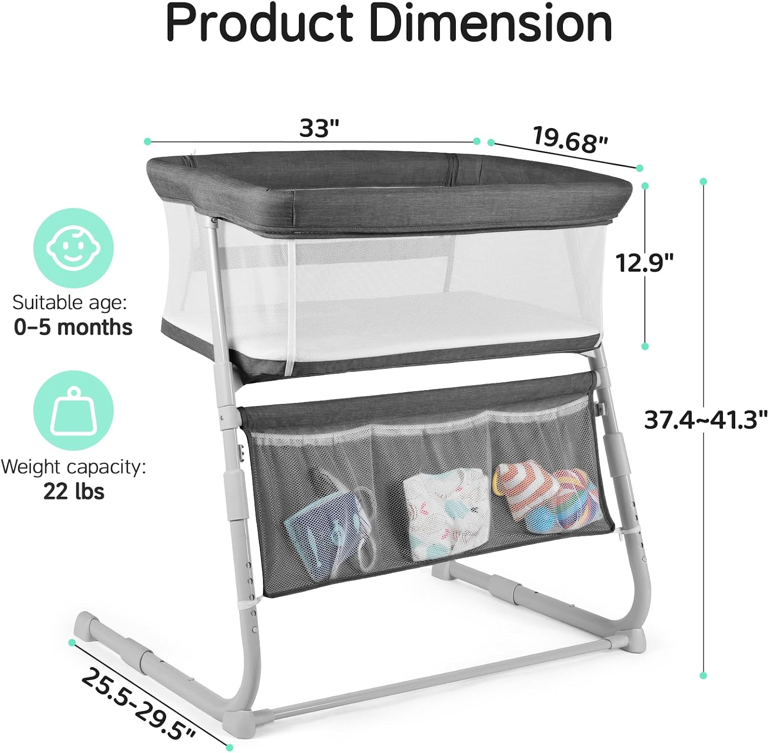 Cowiewie Bassinet Bedside Sleeper,Baby Bassinet Slides Over Bed,5-Height Adjustment & Breathable All-Mesh Wall Bedside Bassinet for Baby,Space-Saving Bedside Crib, Height(37.4-41.3"), Dark Grey
