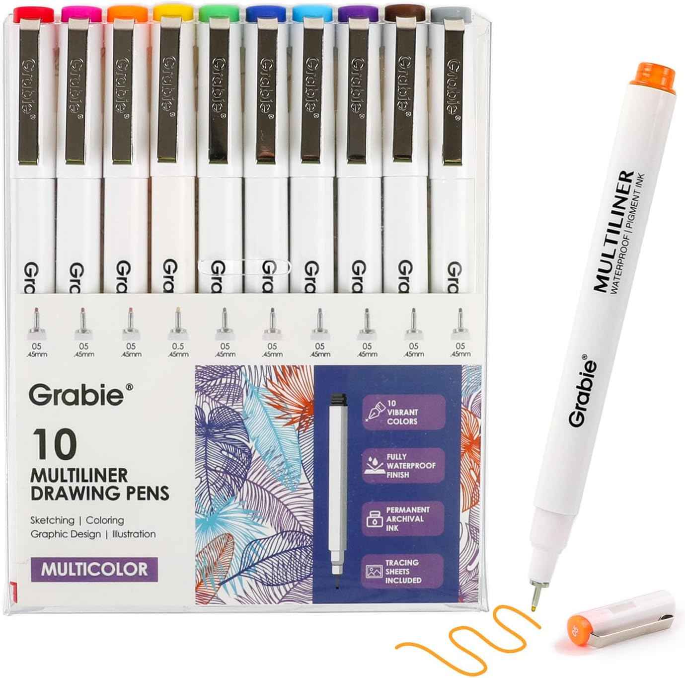 Grabie Micro Fineliner Pens, 10 Multicolor Waterproof Drawing Pens