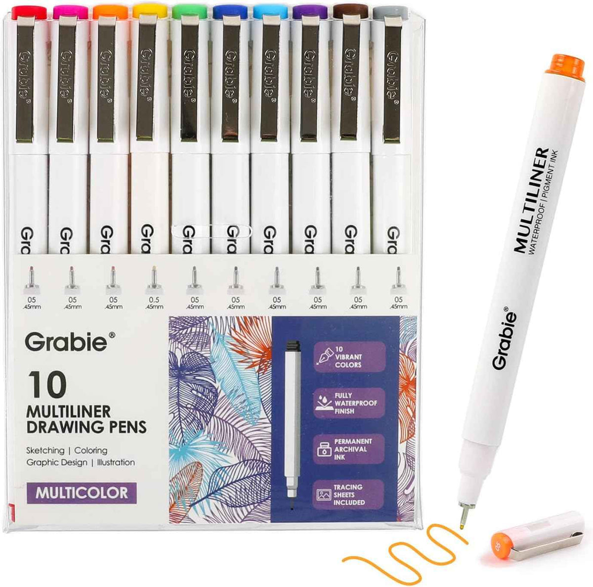 Grabie Micro Fineliner Pens, 10 Multicolor Waterproof Drawing Pens